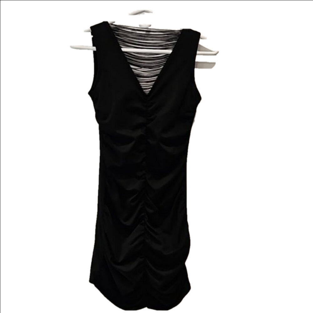 KATIE Black Dress Sleeveless Fring back and Ruched Sides and mid-front Wom